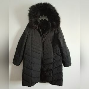 Women's Talbots  Parka Black Quilted Coat  Faux Fur Hood Size L
